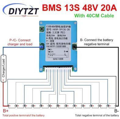 Плата защиты BMS 13S 48V(54.6V) li-ion 20A симметрия с балансировкой