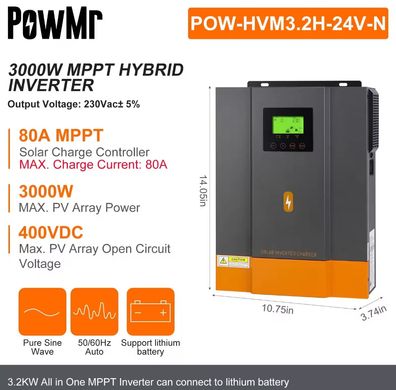 Гібридний сонячний інвертор MPPT 80A PowMr 24 V 220 V 3KW Off Grid Сонячний інвертор Чиста синусоїда